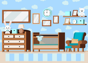 Cozy boy's baby room interior background with cot, lamp, shelves, rabbit bear toys, posters, bodysuit, carpet, alarm clock, chest of drawers in cartoon flat style. Vector kids scene illustration.