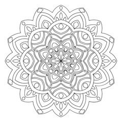 Black outline flower mandala. Vintage decorative element. Ornamental round doodle flower isolated on white background. Geometric circle element. Vector illustration.