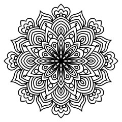 Black outline flower mandala. Vintage decorative element. Ornamental round doodle flower isolated on white background. Geometric circle element. Vector illustration.