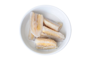 Ready served cultivated banana in coconut milk .