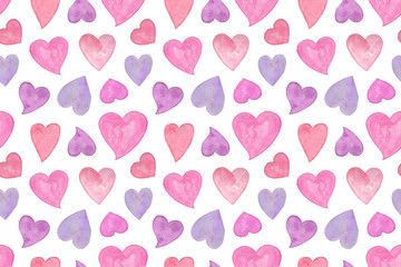 Pink and violet watercolor hand drawn hearts seamless pattern, isolated objects of different sizes on the white background, simple ornament for holiday design