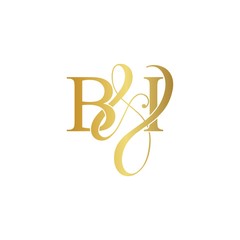 Initial letter B & I BI luxury art vector mark logo, gold color on white background.