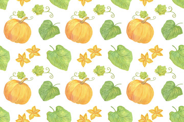 Original hand drawn watercolor pumpkin repeat pattern for halloween and autumn celebrations on the white background, healthy food element, clipart useful for halloween party decoration