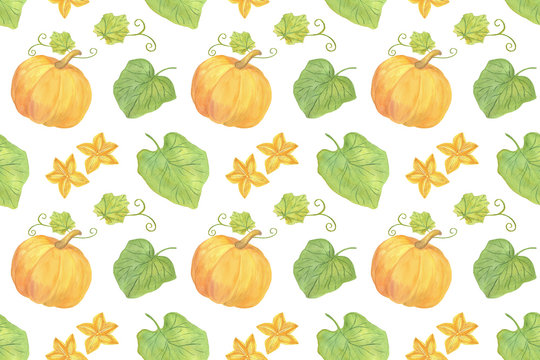 Original hand drawn watercolor pumpkin repeat pattern for halloween and autumn celebrations on the white background, healthy food element, clipart useful for halloween party decoration