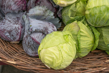 Fototapeta na wymiar heads of purple and green cabbage in a woven basket 