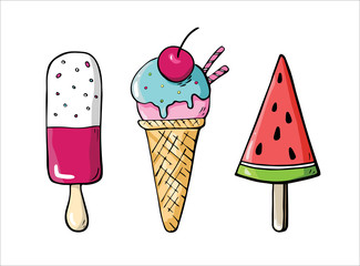 Vector set of iTasty ce creams with different flavours. Hand-drawn illustration. Set of doodle icecream isolated on white. Cartoon Ice cream collection of summer delicious in flat style. Gelatos