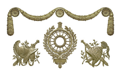 Set of golden decorative elements of the interior with antique helmets, a garland and a laurel...