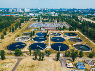 Modern wastewater treatment plant, aerial view from drone