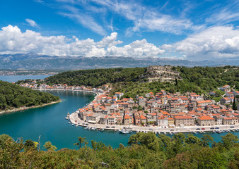 Colorful old village of Novigrad in Istria county of Croatia with blue river and harbor