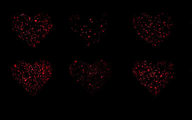 six black heart with red particles isolated on white background
