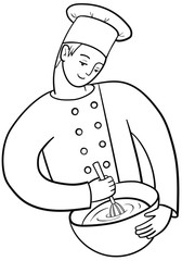 Happy cook holds a cooking utensil and a whisk. Pastry-cook in chef uniform and cap at work. Vector outline illustration drawings on a white background