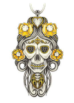 Jewelry Design Women Skull Pendant Day of the dead. Hand drawing and painting on paper.