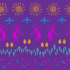 Folk, design with lizard, Kokopelli fertility deity, sun, eagle, cacti.