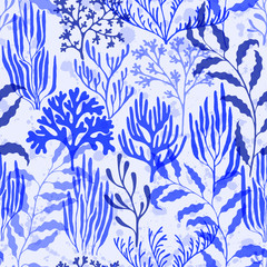 Coral reef seamless pattern., Australian staghorn and pillar corals branches.