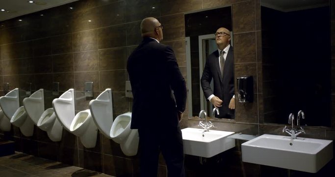 man in back suit washes hands reflecting in mirror backside