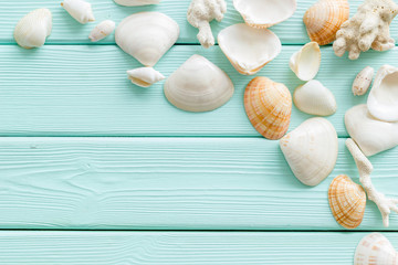 Fototapeta na wymiar shells and seaside background for blog or desktop on mint green wooden table top view mockup