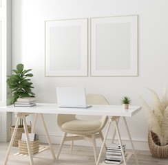 Poster mock up in home interior background, home office, Scandi-boho style, 3d render