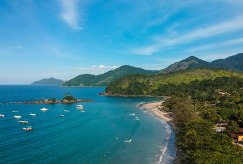 Aerial view of Castelhanos beach in Ilhabela Island, Sao Paulo, Brazil