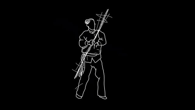 4K line drawing of a person doing some martial arts routine with a spear, white on black background that can be looped.