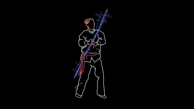 4K line drawing of a person doing some martial arts routine with a spear, colored ink on black background that can be looped.