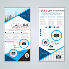Modern roll-up business banners, two-sided flyer vector design template