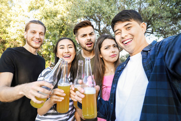 Happy friends taking selfie on picnic in park