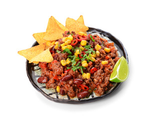 Plate with tasty chili con carne on white background