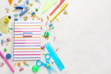 Different school stationery on light background