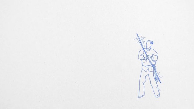 4K line drawing of a person doing some martial arts routine with a spear, blue ink on white textured paper with space for text that can be looped.