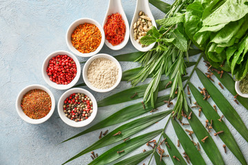 Composition with different spices on light background