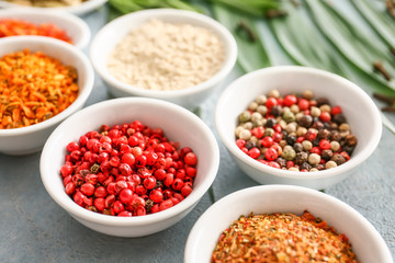 Many different spices on table
