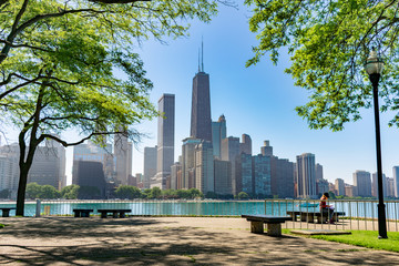 Chicago Skyline omlijst door bomen in Milton Lee Olive Park met banken