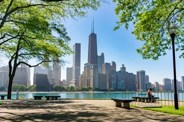  Chicago Skyline omlijst door bomen in Milton Lee Olive Park met banken © James