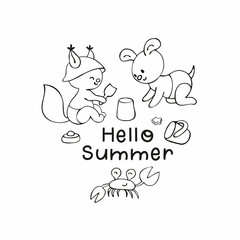 Summer poster with cute animal. Vector illustration in doodle style isolated on a white background.