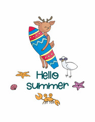 Colorful summer poster with cute animal. Vector illustration in doodle style isolated on a white background.