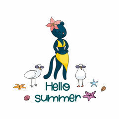 Colorful summer poster with cute animal. Vector illustration in doodle style isolated on a white background.