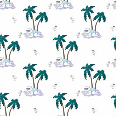 Obraz premium Colorful seamless pattern with cute animals and summer beach. Vector background in doodle style.