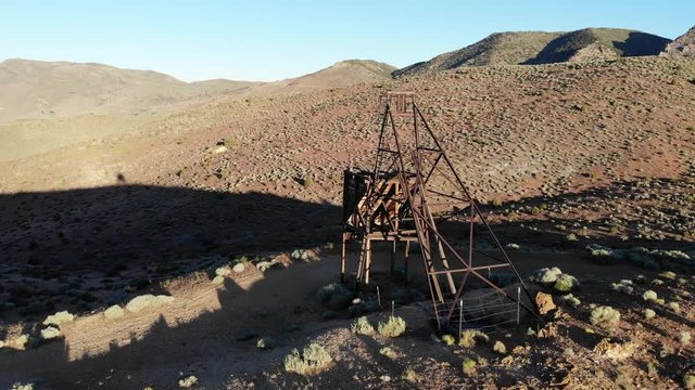 Fly Past Mining Tower Head Frame at Virginia City NV - Aerial Drone.
