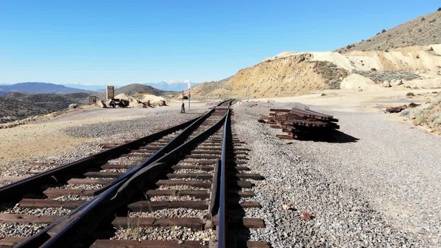 Flying Low Over Rail Road Tracks Near Virginia City NV - Aerial Drone.