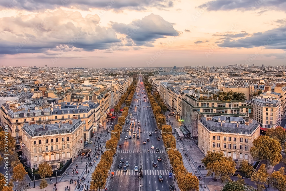 Poster Champs-Elysees avenue in Paris at sunset