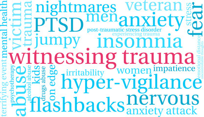Witnessing Trauma Word Cloud on a white background. 