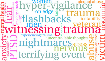 Fototapeta premium Witnessing Trauma Word Cloud on a white background. 
