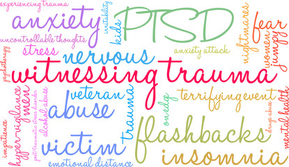 Witnessing Trauma Word Cloud on a white background. 