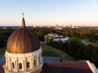 Aerial View of Cathedral in Raleigh, North Carolina at Sunset