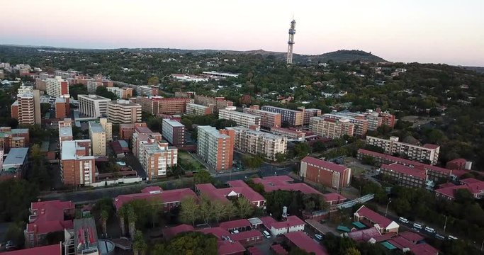 Aerial/drone view of Sunnyside, Pretoria, South Africa, capital city of South Africa revealing Telkom tower