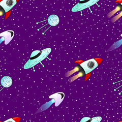Naklejka premium Vector hand draw seamless pattern with childish cosmos elements planets, moon, rockets and stars with abstract shape. Repeater background with asteroids, satellite and spaceship in cartoons style