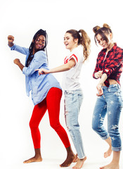 Fototapeta premium diverse multi nation girls group, teenage friends company cheerful having fun, happy smiling, cute posing isolated on white background, lifestyle people concept, african-american and caucasian