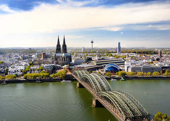 Top view of Koel. View on Cologne Cathedral and Hohenzollern Bridge in Koel, Germany.