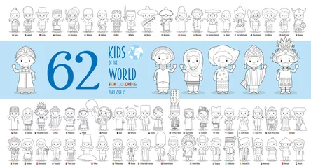 Kids of the World Vector Characters Collection Part 2: Set mit 62 Kindern verschiedener Nationalitäten zum Ausmalen im Cartoon-Stil. © asantosg