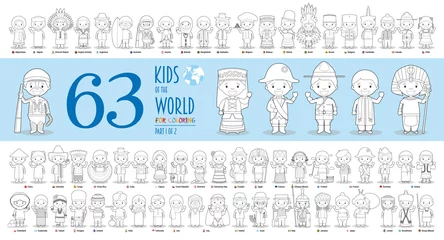 Kids of the World Vector Characters Collection Teil 1: Set mit 63 Kindern verschiedener Nationalitäten zum Ausmalen im Cartoon-Stil. © asantosg